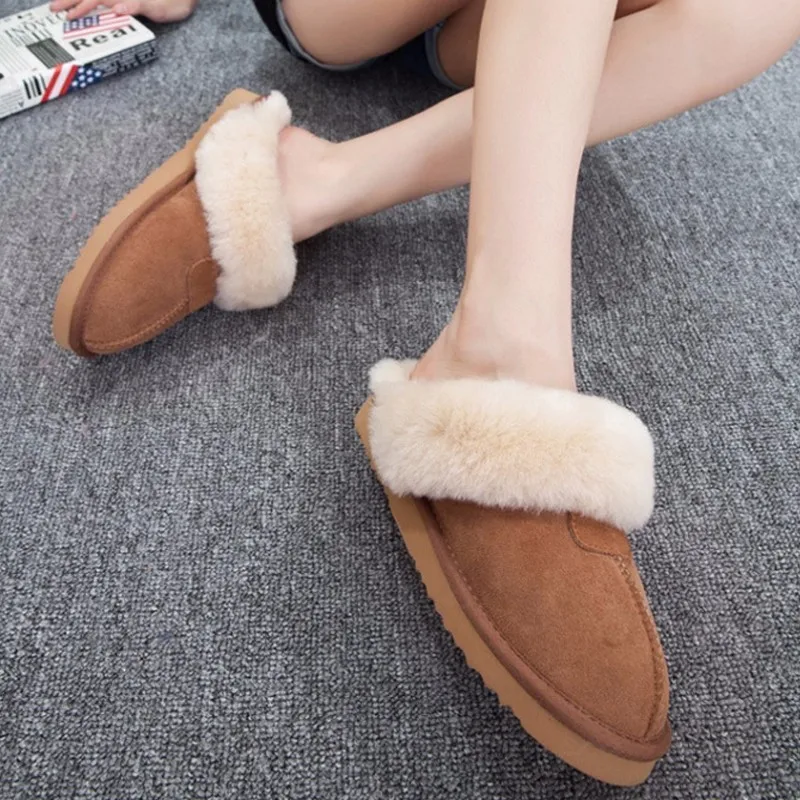 

Unisex Australia Brand Plush Fur Slippers Women Winter Warm Indoor Genuine Leather Home Slippers Woman Fashion Furry House Shoes