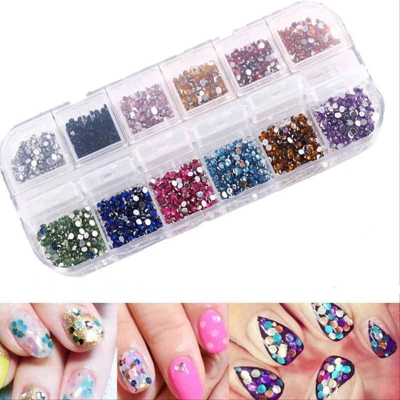 

2400pcs /Box 3D Flatback Nail Rhinestones Stickers (2mm) 12 Colors Nail Art Rhinestones for Nails Art Decoration SZ122-A