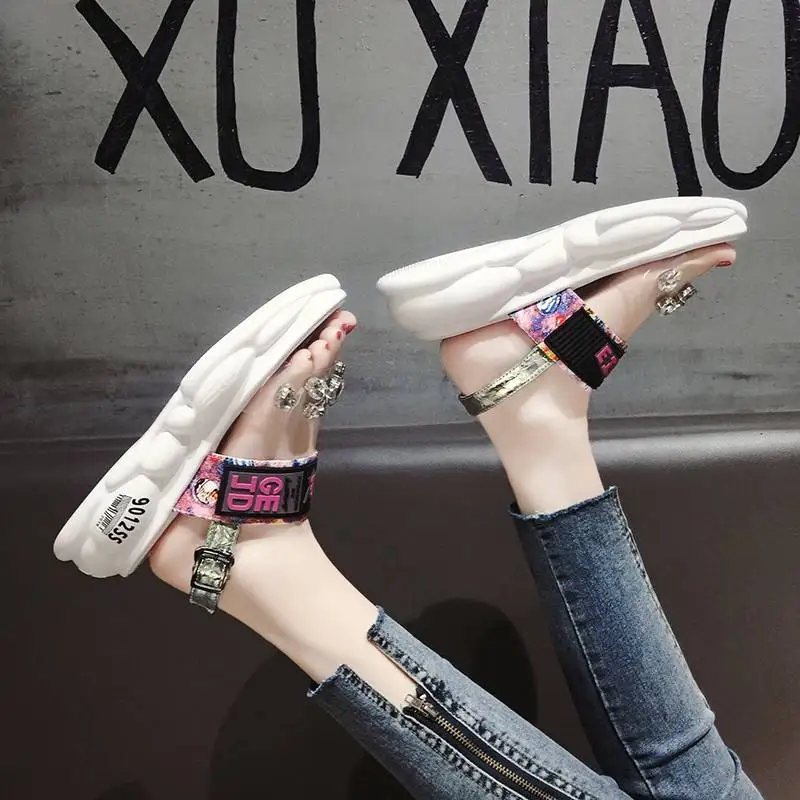 

Colorful Fashion Women Sandals Cover Heels Newest Summer Ladies Sandals Rhinestone Fashion High-heeled Open Toe Flat Sandals