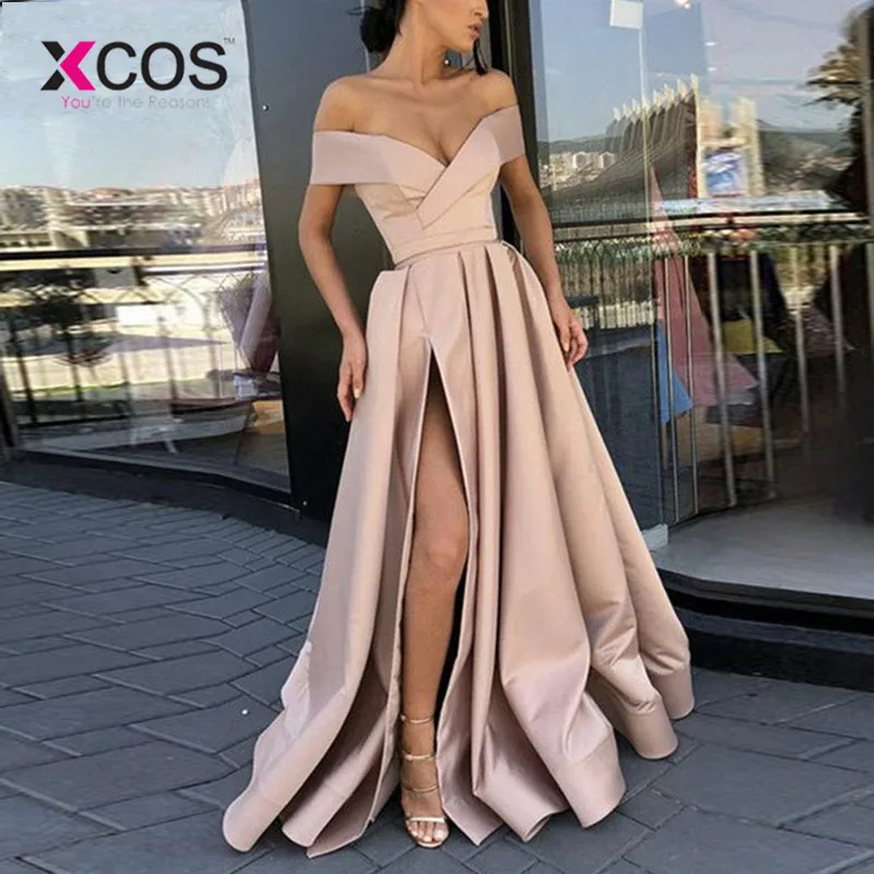 XCOS элегантные красные вечерние платья с открытыми плечами атласное сексуальное
