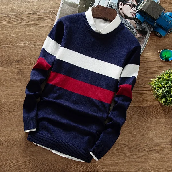 Navy Blue Осенний модный мужской пуловер, свитер с длинным рукавом, облегающий полосатый вязаный кашемировый Рождественский свитер для мужчин MY929 - Цвет: Navy Blue