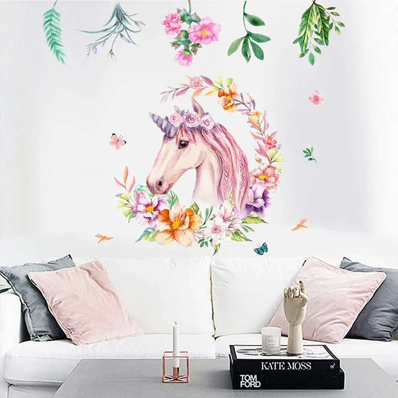 Nordic Style Flower Unicorn Wall Sticker For Kids Room Home Decor Animal Decals Nursery Baby Bedroom Mural | Дом и сад