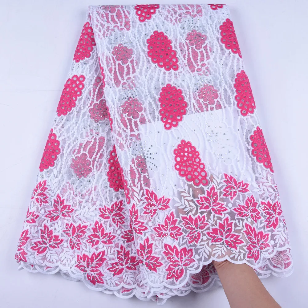 Красно-белая молочная шелковая кружевная африканская ткань с вышивкой