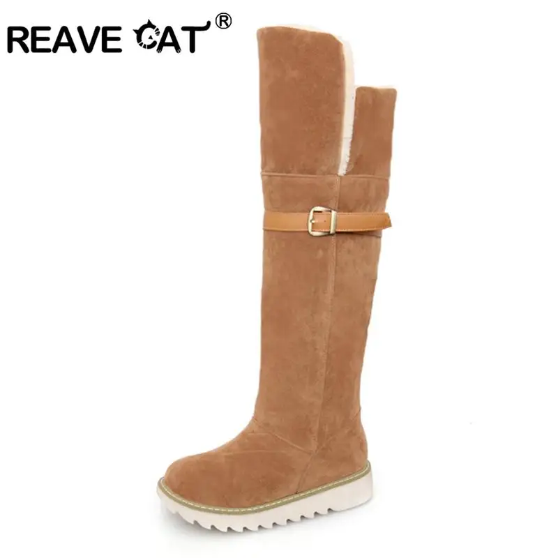 REAVE CAT/русские зимние сапоги; женские теплые сапоги до колена; женские зимние сапоги до бедра на меху с пряжкой; bota feminina; A1111