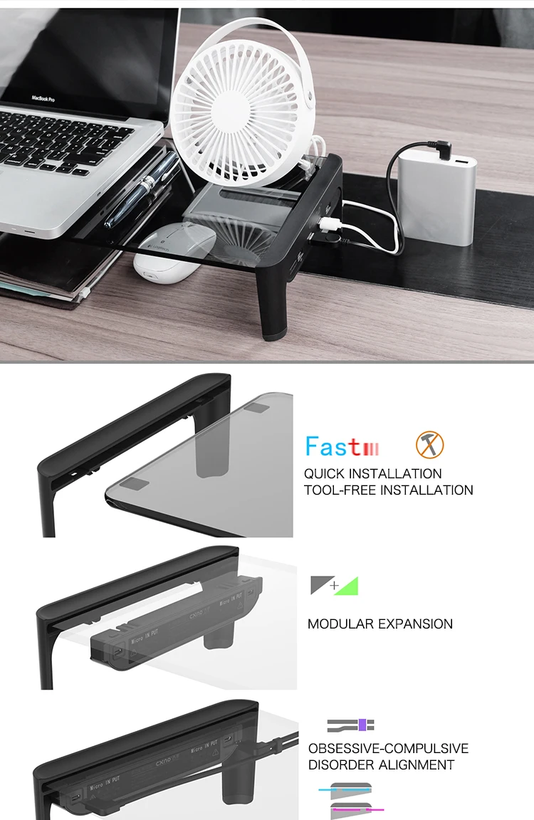 QDIY ЖК-монитор компьютерный Настольный Дисплей Держатель USB Стекло повышенные полки кронштейн для хранения монитор держатель