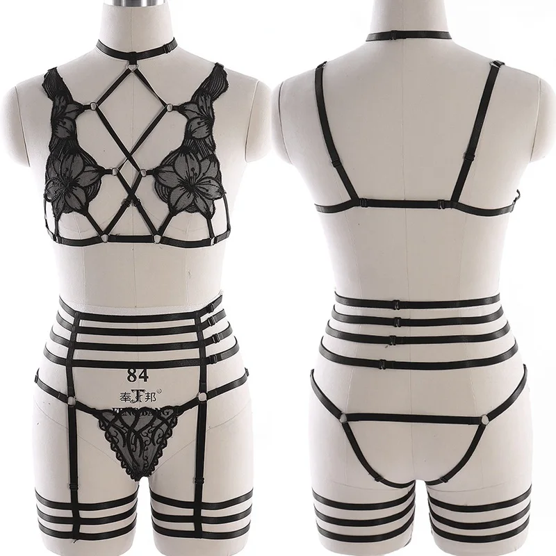 Black O0489 P0184 Комплект для тела с перьями, пояс для подвязки, черный сексуальный женский костюм, сексуальный бюстгальтер в клетку для женщин, эластичный Готический фестивальный Рейв, Одежда для танцев - Цвет: Black O0489 P0184