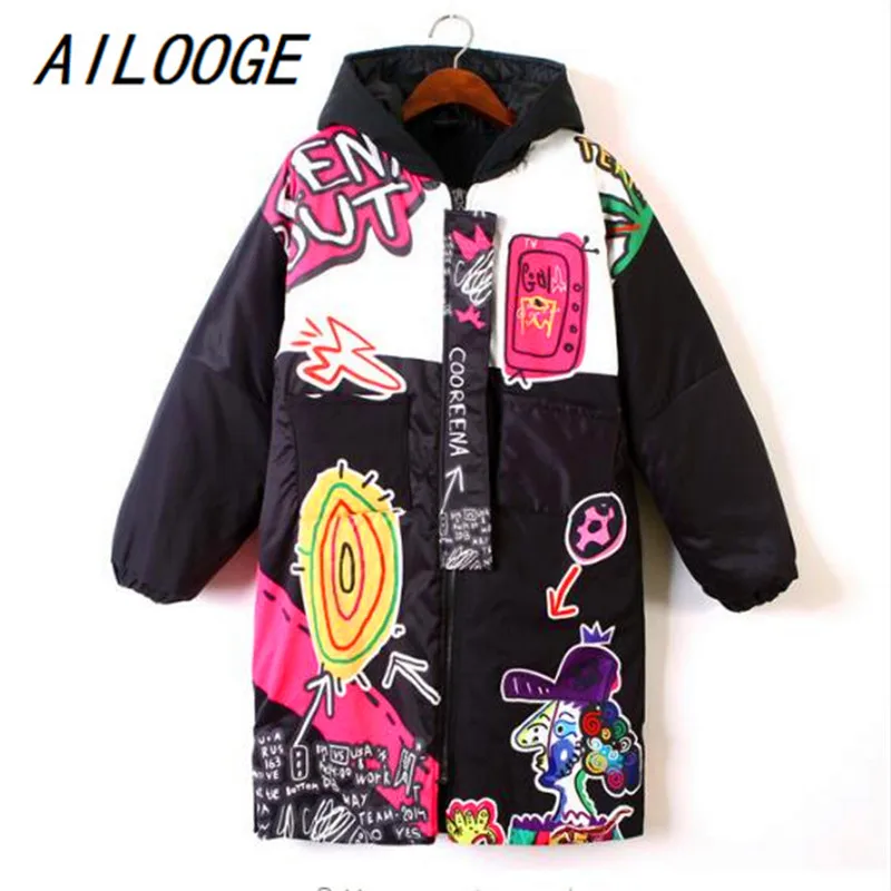 

AILOOGE Winter Women's Jacket Zipper Hoodies Thick Warn Cartoon Printed Casual Coat for women Loose Harajuku Hip Hop Jackets