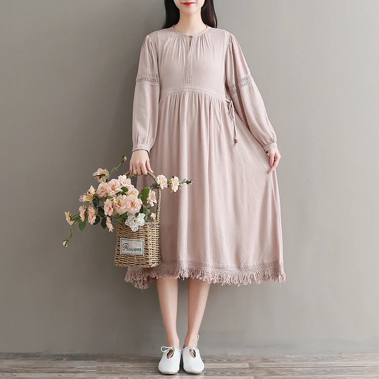 Осень 2018 платье с длинным рукавом новый стиль однотонное винтажное Хлопковое