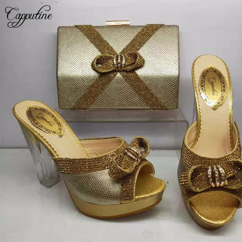 Capputine/нигерийские элегантные женские золотые туфли и сумочка в комплекте для свадьбы, африканские туфли 10C вечерние комплект из обуви и сумки 5 цветов BL155C