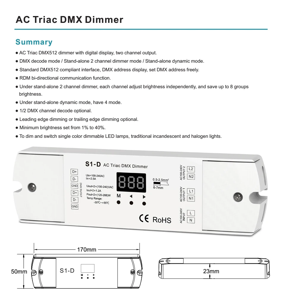 AC Triac LED диммер 220 в 230 В 110 2 канала DMX512 контроллер 288 Вт двухканальный Диммируемый