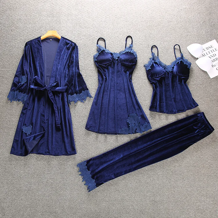 

Winter Velour Home Wear Robe Sets Womens Kimono 4pcs Strap Top Pants Suit Bath Gown Sleepwear Casual Pajamas Autumn Nightwear
