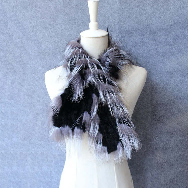 black with silver Новое поступление, настоящий шарф из меха кролика Рекс, отделка из меха серебристой лисы, кольцо для женщин, воротник из натурального меха, зимний теплый модный палантин egelgant - Цвет: black with silver