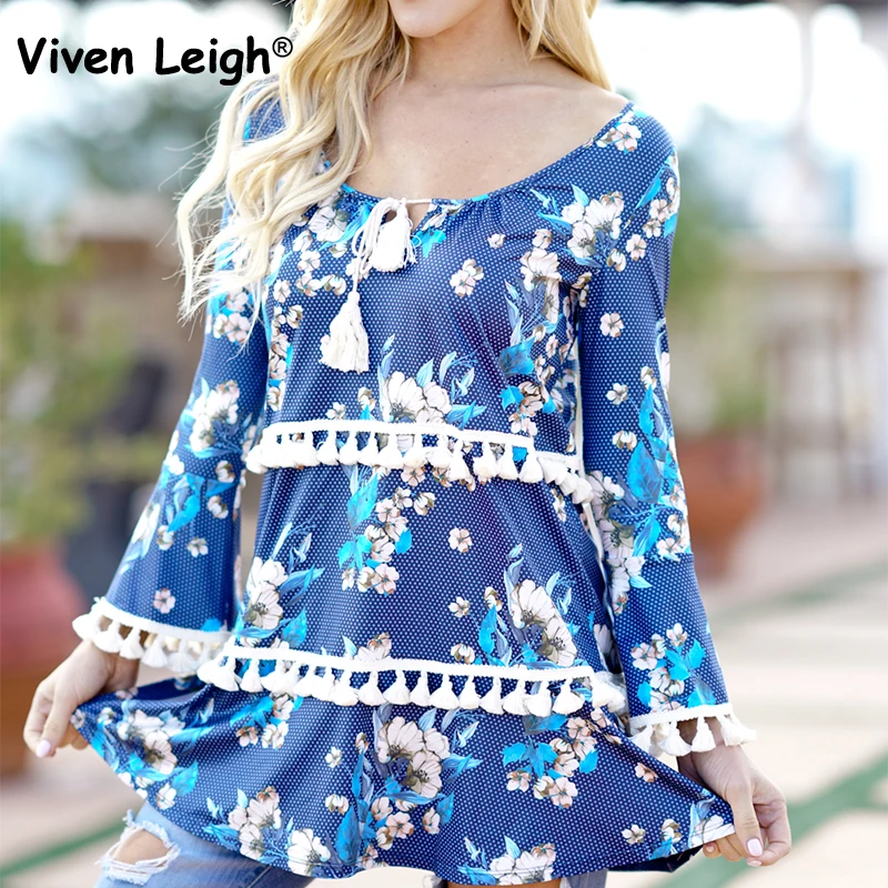 Viven leigh элегантные расклешенные кисточкой рукавом Туника Платье 2018 Новый Boho Лето