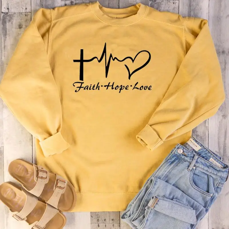 Yellow-black txt Faith Hope Love, Женская толстовка, пуловер с круглым вырезом, с графическим сердечным ритмом, Harajuku, толстовка с капюшоном, одежда с христианским Иисусом, дропшиппинг, топы - Цвет: Yellow-black txt