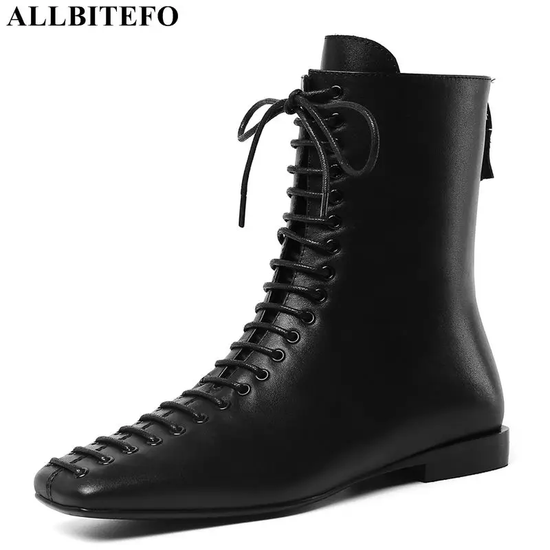 ALLBITEFO/Новинка; модные брендовые женские ботинки из натуральной кожи с квадратным носком на низком каблуке; удобные женские ботильоны; ботинки для девочек