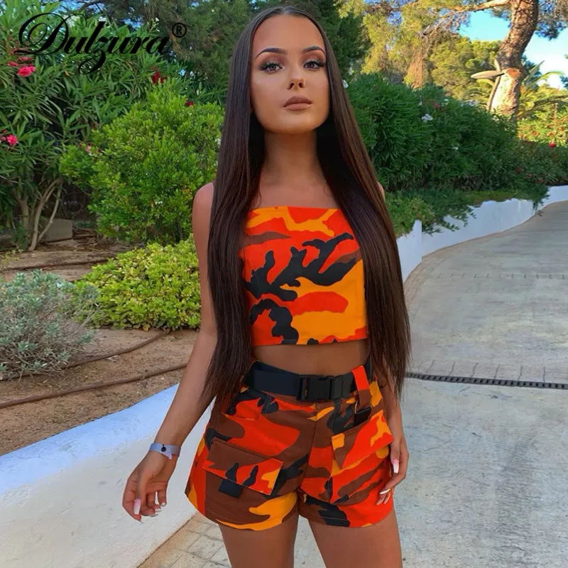 Dulzura summer women two piece set shorts set camouflage streetwear crop top outfit cargo pocket tracksuit 2 piece clothes