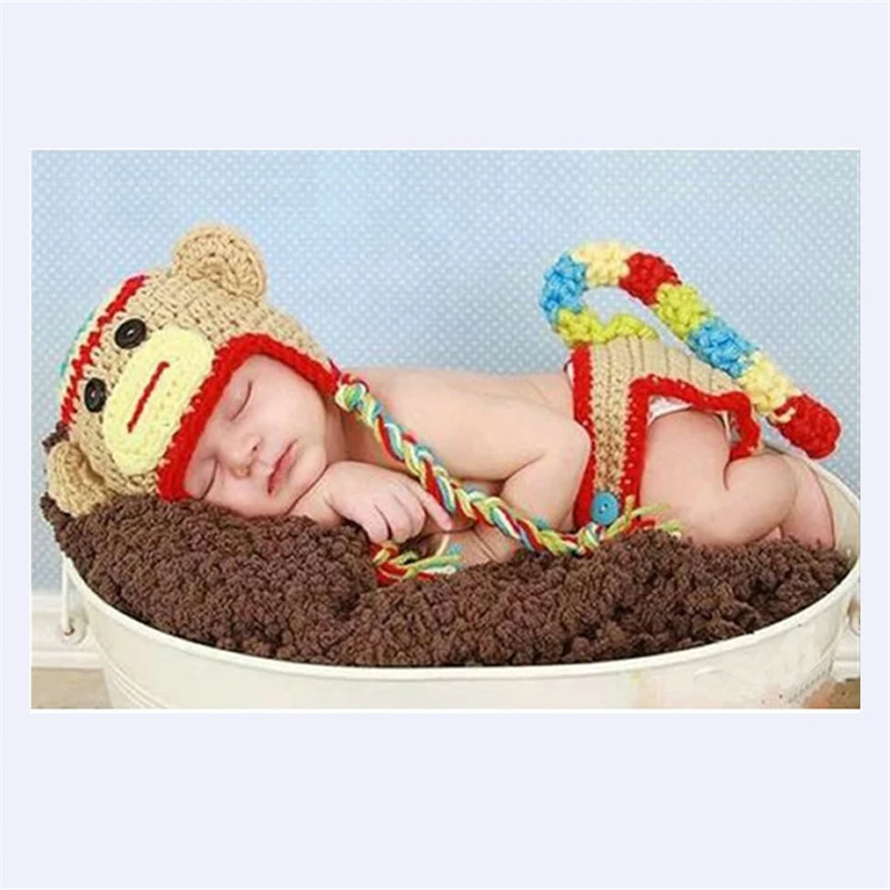 Newborn Baby Photo Clothing Monkey Outfits Photography Props Handmade Knitted Bebe Clothes Sets Costumes Cap+Pants 2pcs