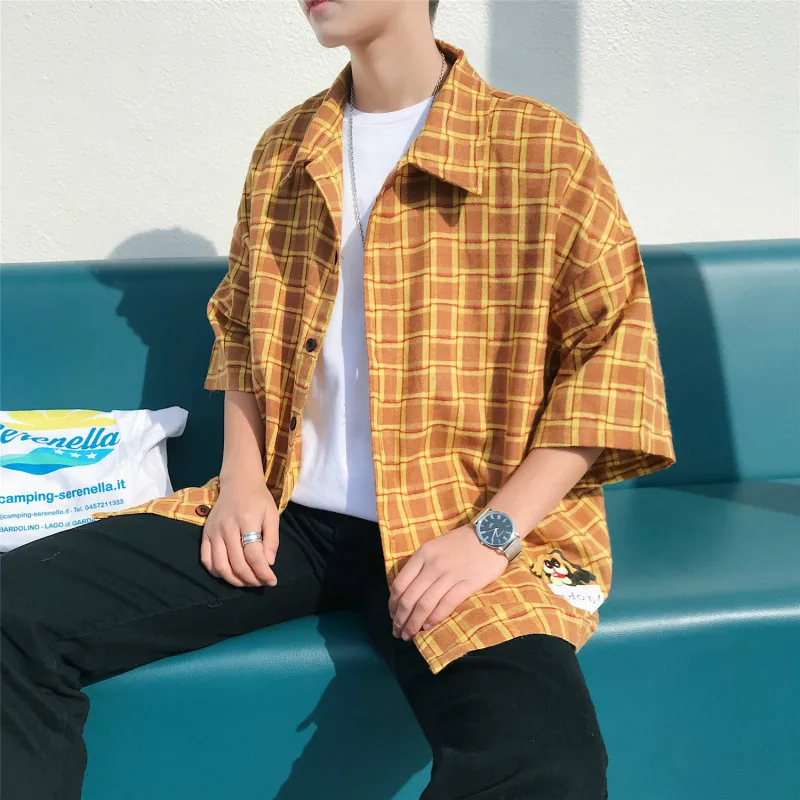 2018 Summer New Pattern Cartoon Cat Printing Fivepence Sleeve In Lattice Shirt camisa masculina cotton loose yellow white S-XL | Мужская