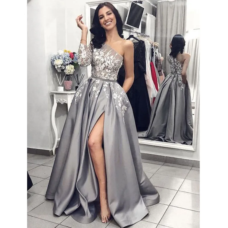 Женское длинное вечернее платье с разрезом одним открытым плечом ТРАПЕЦИЕВИДНОЕ