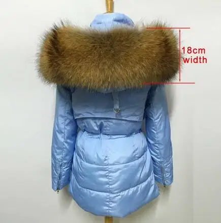 blue 18cm fur YEYELANA, высокое качество, большой натуральный мех,, зимняя куртка для женщин, натуральный мех енота, воротник с капюшоном, плотное пальто, женская зимняя парка - Цвет: blue 18cm fur