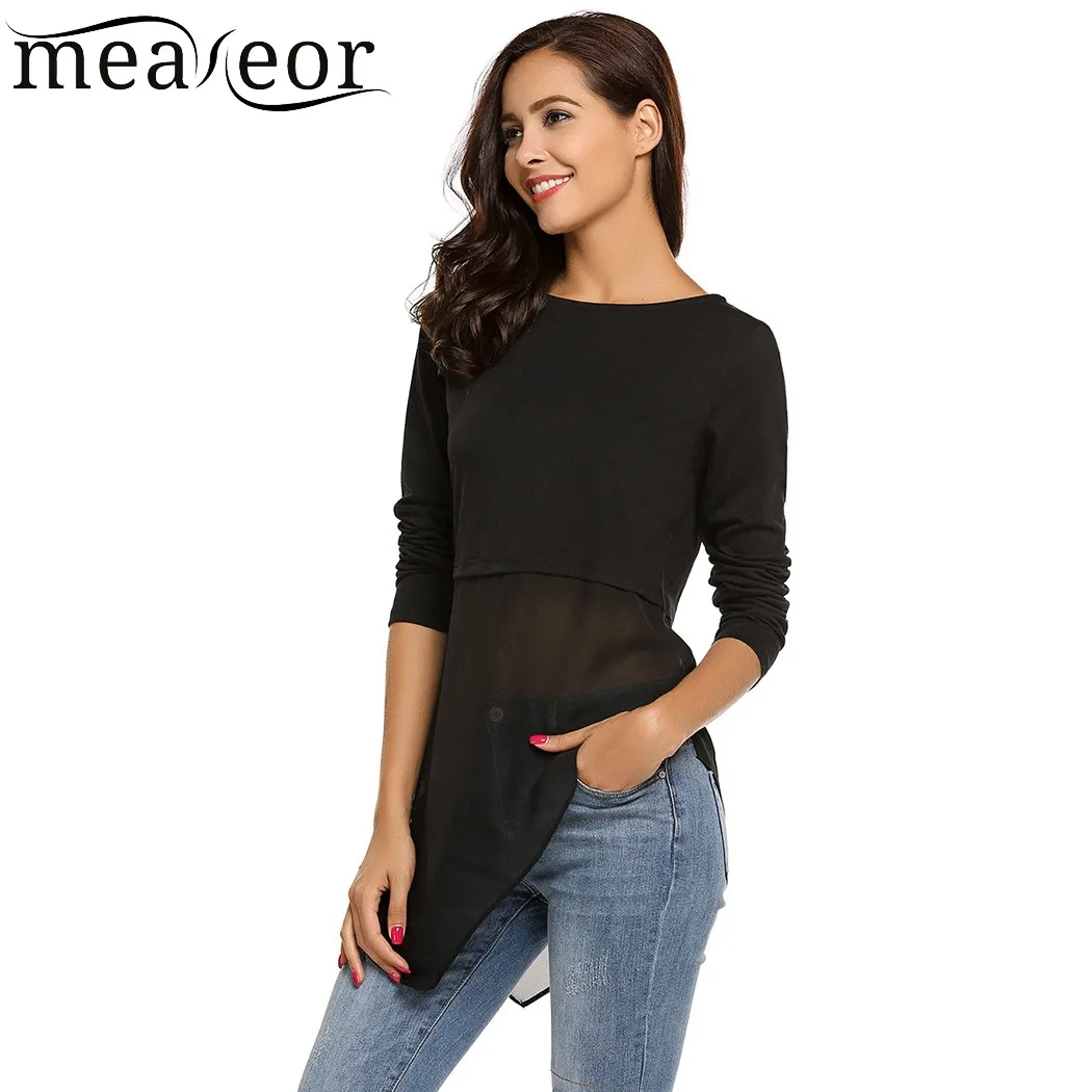 Meaneor/Брендовые женские топы футболки сетчатые Лоскутные Длинные шифоновая