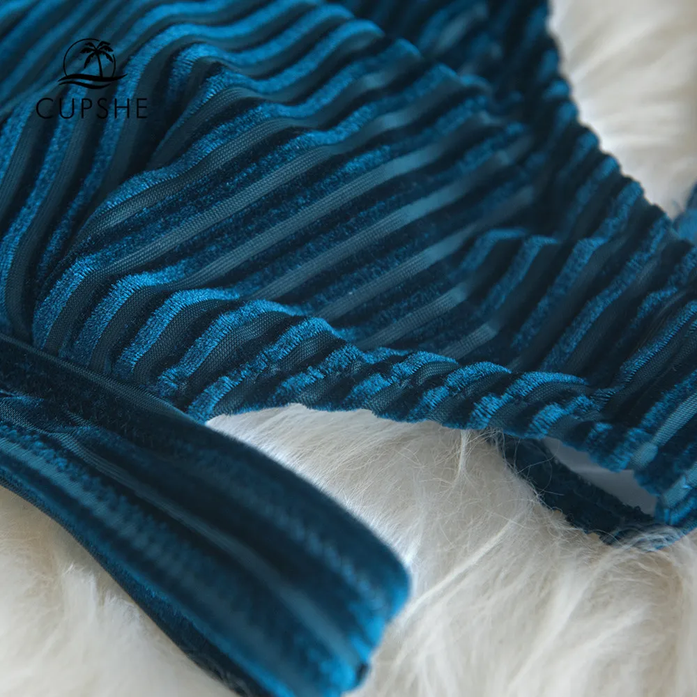 CUPSHE темно синий полосатый выгоревший бархат пикантный комплект бикини купальник