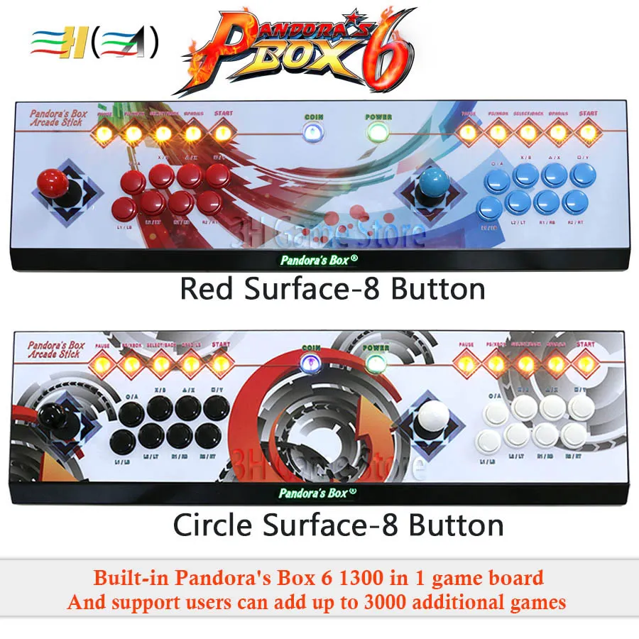 

Pandora's Box 6, 8 кнопок, аркадная консоль 1300 в 1, можно добавить 3000 игр, 2 игрока, контроллер, джойстик для ПК, видеоигр, ps3 TV