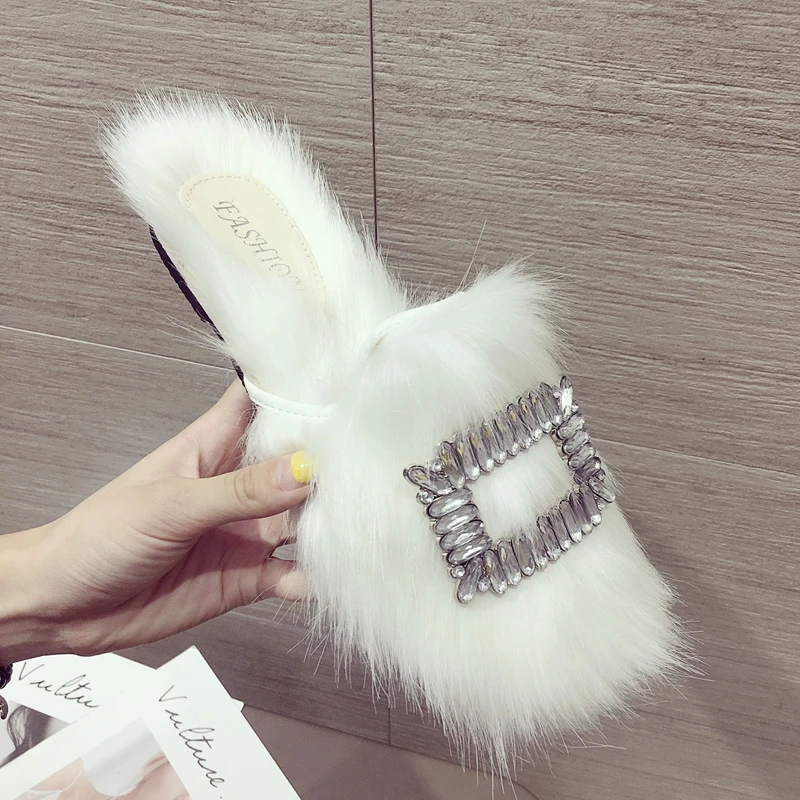 Черные/белые со стразами меховые Тапочки женские с закрытым носком Сабо