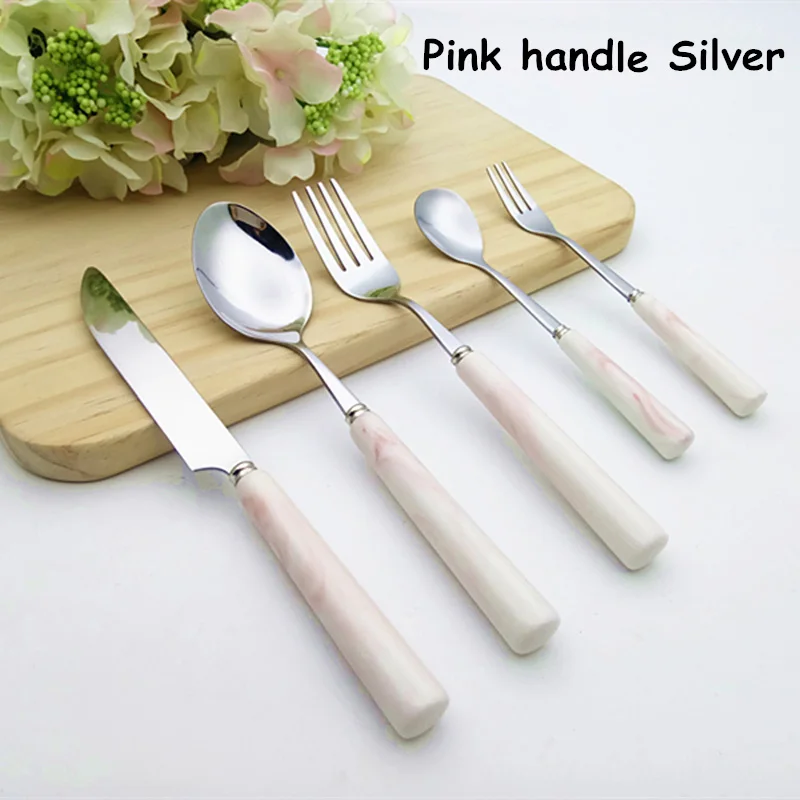 Pink handle Silver Западная керамика набор посуды Нержавеющая сталь Ножи Рождественская посуда набор серый десерт Совок розовый вилка 5 шт./компл - Цвет: Pink handle Silver