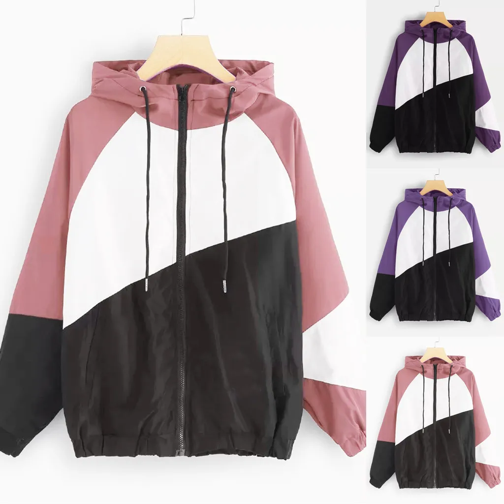 

Autumn and winter hit color thin coat women's long-sleeved patchwork thin hooded zipper casual sports jacket 40*