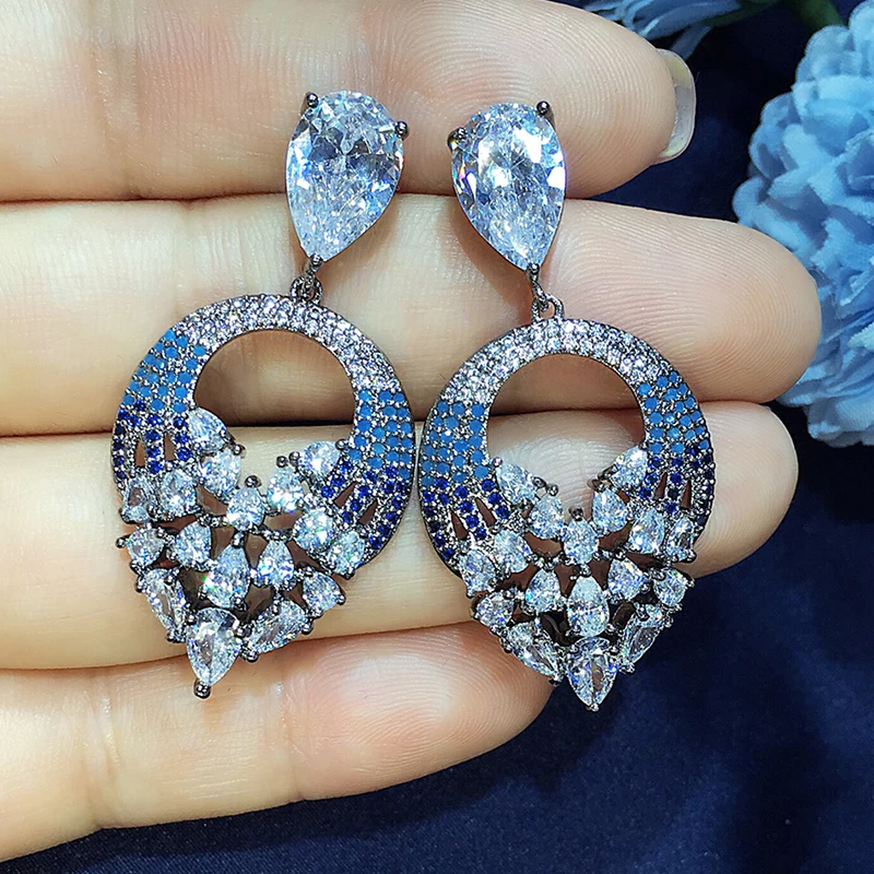 Женские серьги подвески с фианитами в форме капли|cubic zirconia dangling earrings|dangle earringswomens