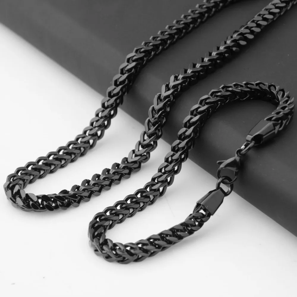 

New Arrive Black Color 316L Stainless Steel Box Figaro Chain Mens Boys Necklace 24" And Bracelet 9.44" Jewelry Sets High Quality