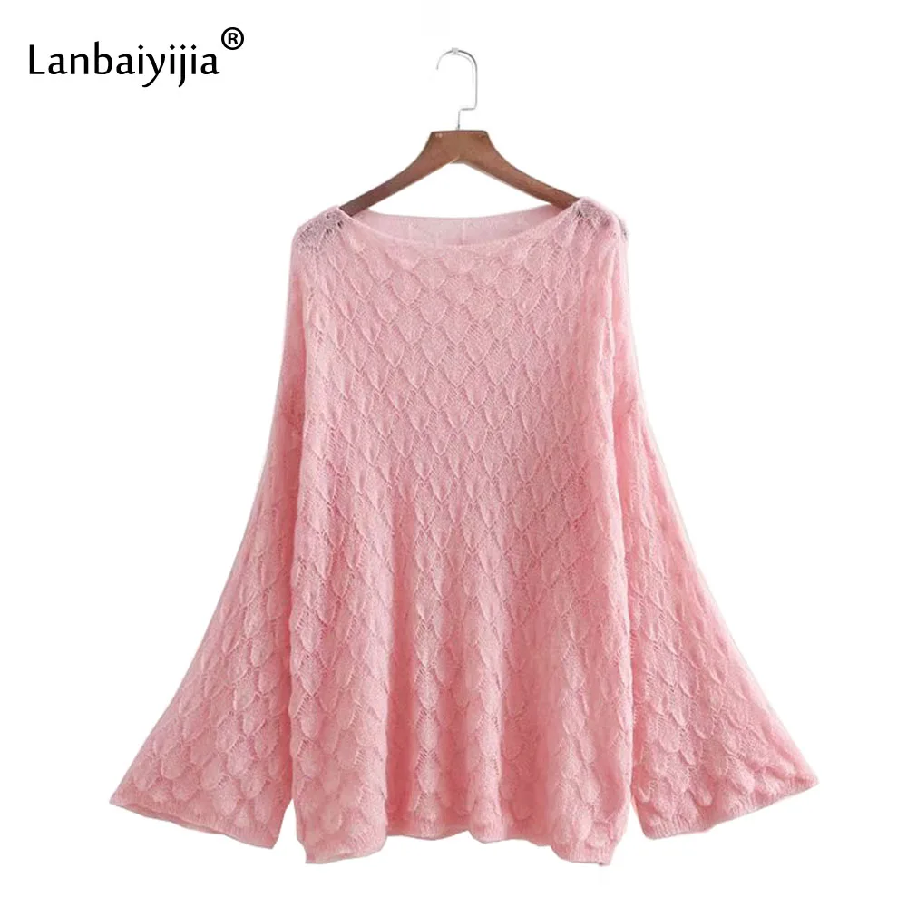 Lanbaiyijia Newest Flare Long Sleeve Solid Hollow out Women Sweaters Fashion Loose Knitted Pullovers 6 Color | Женская одежда