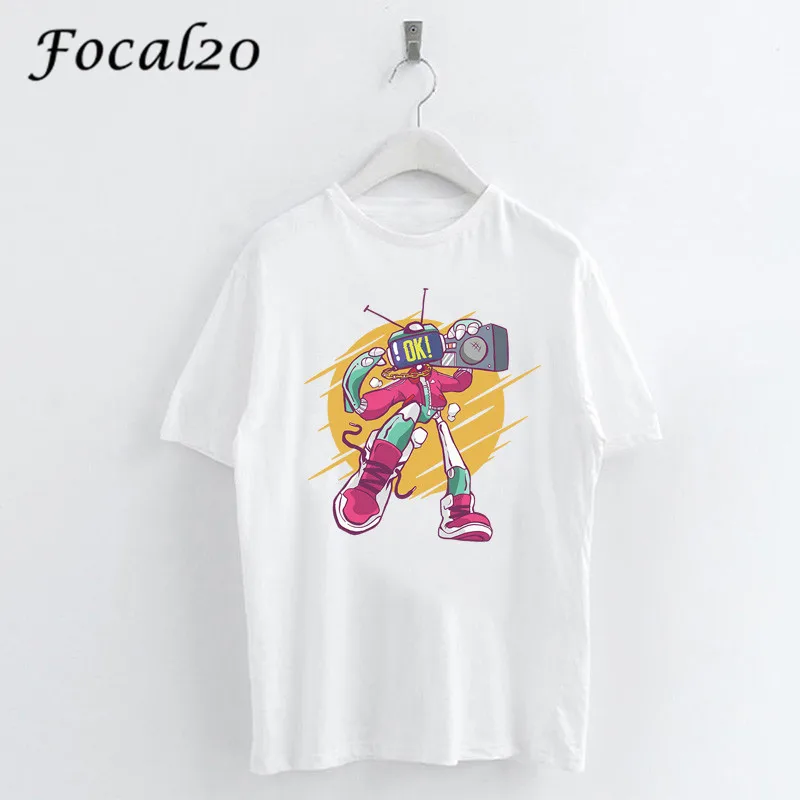 

Женские футболки с коротким рукавом Focal20 Harajuku, принт в виде робота, свободные футболки с круглым вырезом