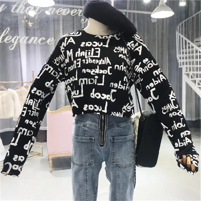Новый Harajuku модные женские туфли короткие толстовки хип-хоп BF в стиле панк письмо