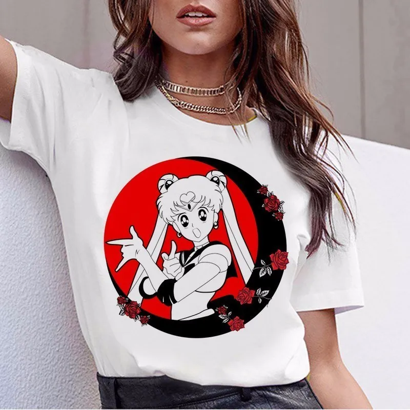 Матросская футболка с Луной женские kawaii Модные женские футболки в стиле Харадзюку футболка Эстетическая футболка Ulzzang Милая футболка с котом топ с рисунком