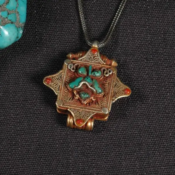 

Handmade Nepalese 925 Silver Turquoise Gau Pendant Necklace Sterling Buddhist Prayer Box Pendant Necklace Tibetan Gau Box amulet