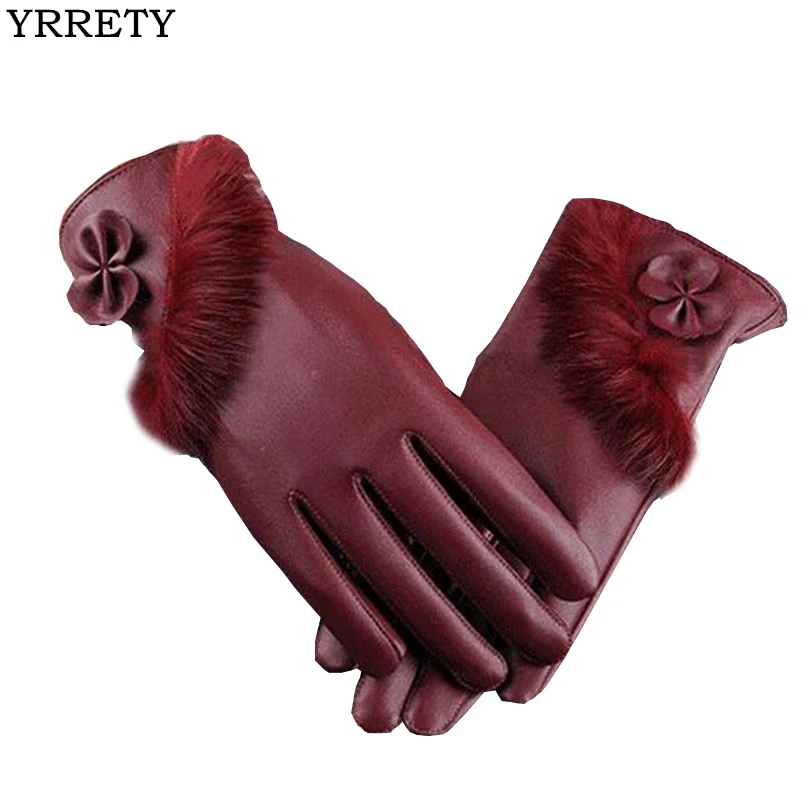 

YRRETY Fashion Women's Bowknot PU Gloves Touched Screen Warm Leather Winter Thicken Ladies Glove Elegant Winter Finger Gloves