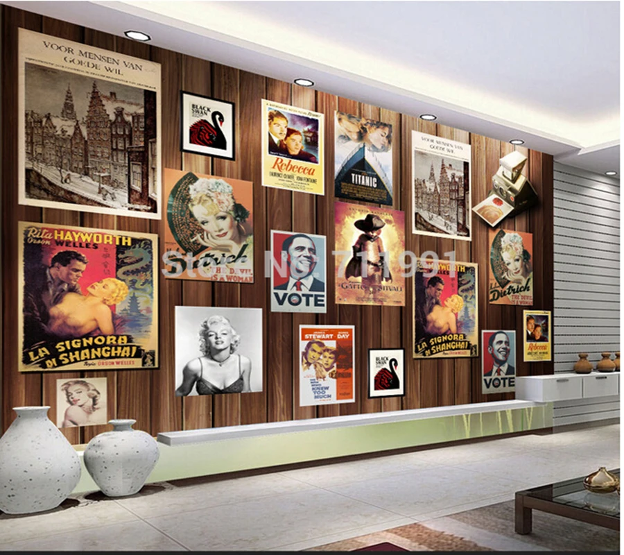 

Custom wood vintage movie poster Wallcoverings for living room sofa bedroom backdrop wall papel de parede Fabric