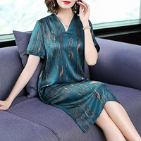 summer dress women silk mother dress vintage temperament straight print v neck dress casual blue 4xl fashion