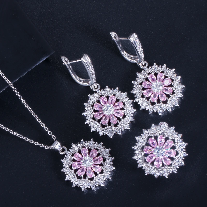 CWWZircons наборы из 3 предметов Модные женские CZ ювелирные аксессуары серебряный цвет зеленый ожерелье и сережки в виде цветка и кольцо набор T327