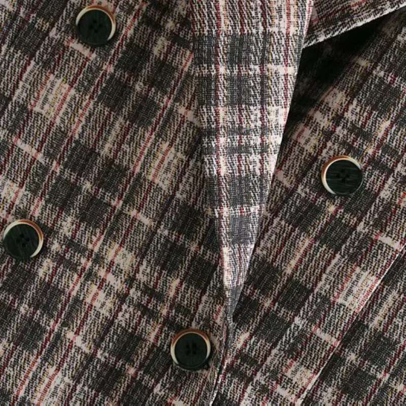 NSZ Women Checked Jacket Vintage Plaid Blazer Office Lady Coat Long Sleeve Double Breasted Pocket Decoration Outerwear | Женская одежда