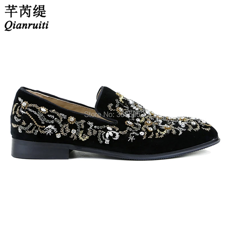 

Qianruiti Chaussure Homme Crystal Floral Embroidered Fashion Black Suede Loafers Slip On Handmade Rhinestone Casual Shoes Men
