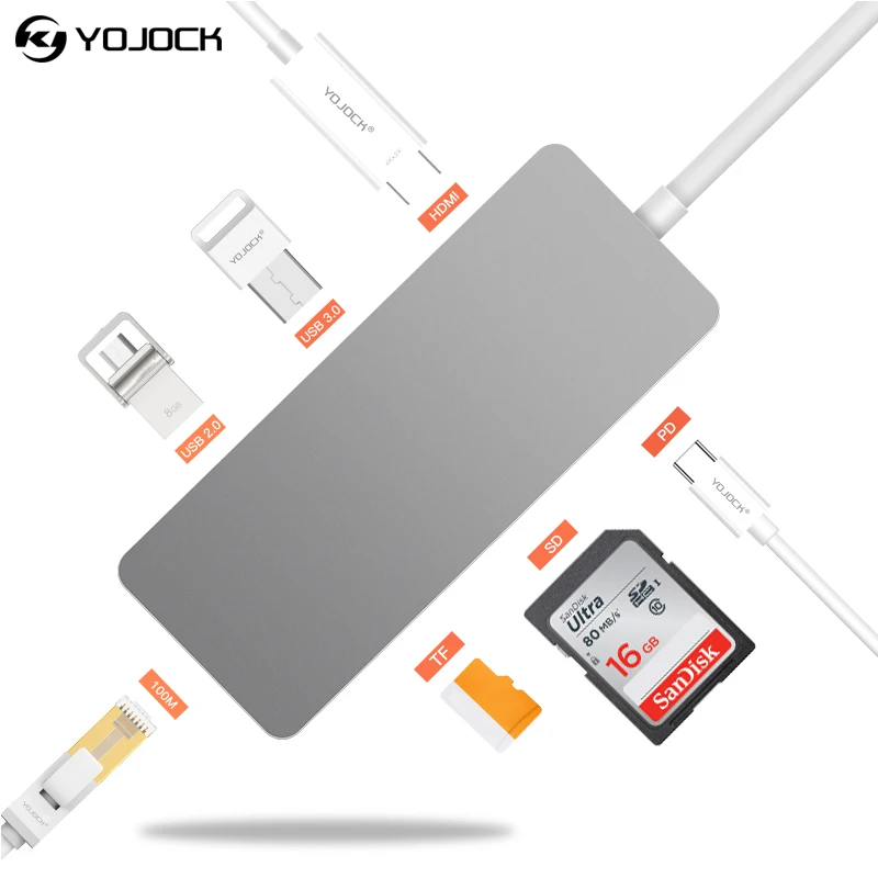 

USB-адаптер Yojock 7 в 1, USB USB-C, HDMI, SD, TF, кардридер для MacBook, ноутбука, USB 3,0