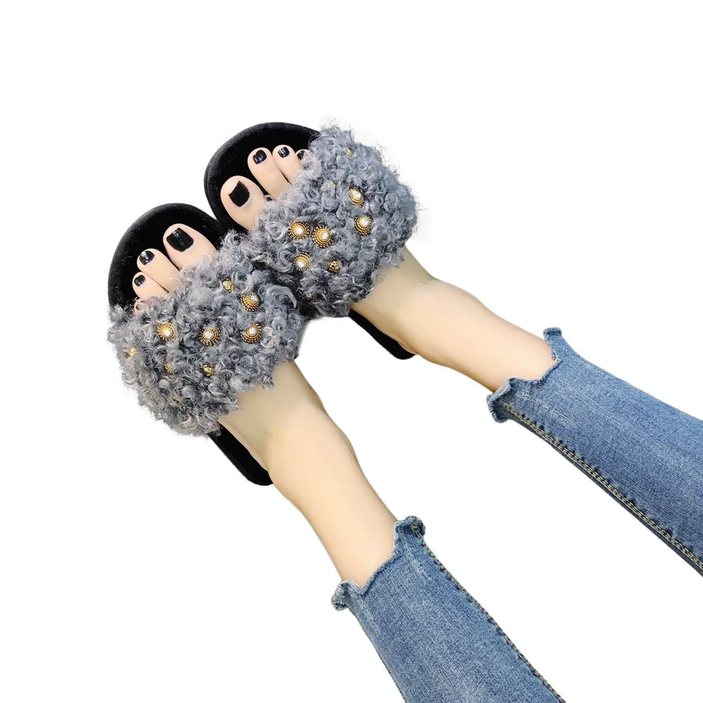 YOUYEDIAN Fashion Women Comfortable Warm Flat Bottom Home Open Toe Cross Fur Slippers Shoe chinelo feminino ver o#25 | Обувь