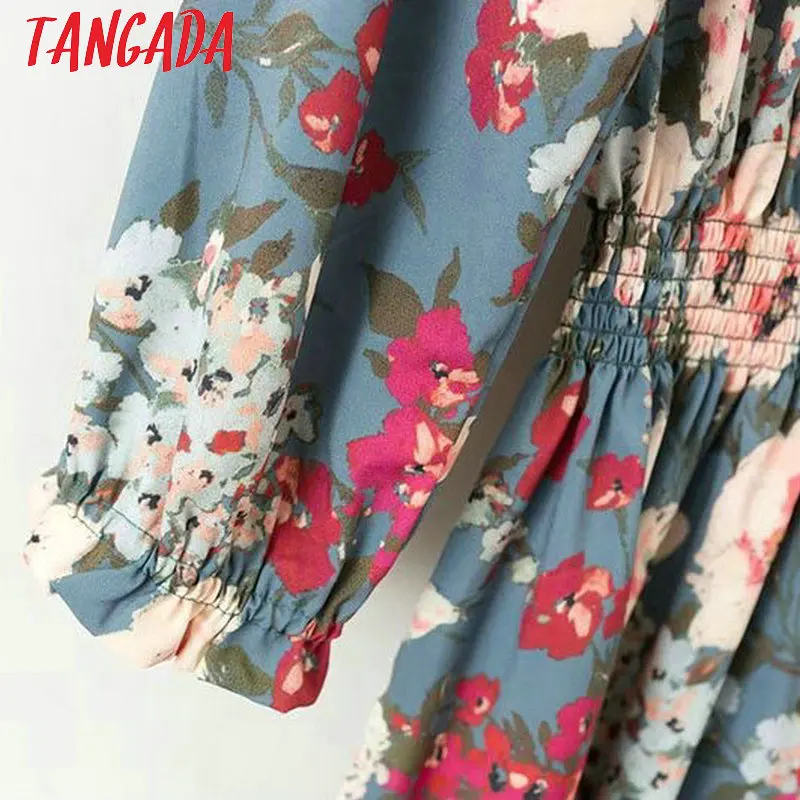 Tangada Винтаж цветочные плиссированные платья для женщин эластичный пояс с длинным рукавом Водолазка женская Ретро мода осень Vestidos XD01