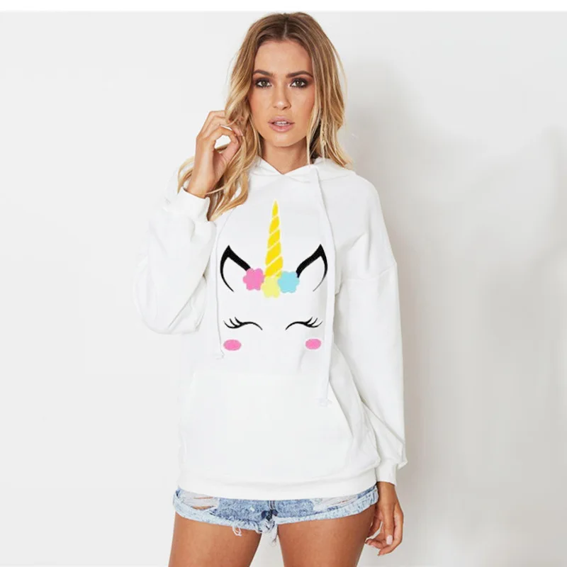 Женские толстовки с капюшоном и принтом единорога длинным рукавом Пуловеры
