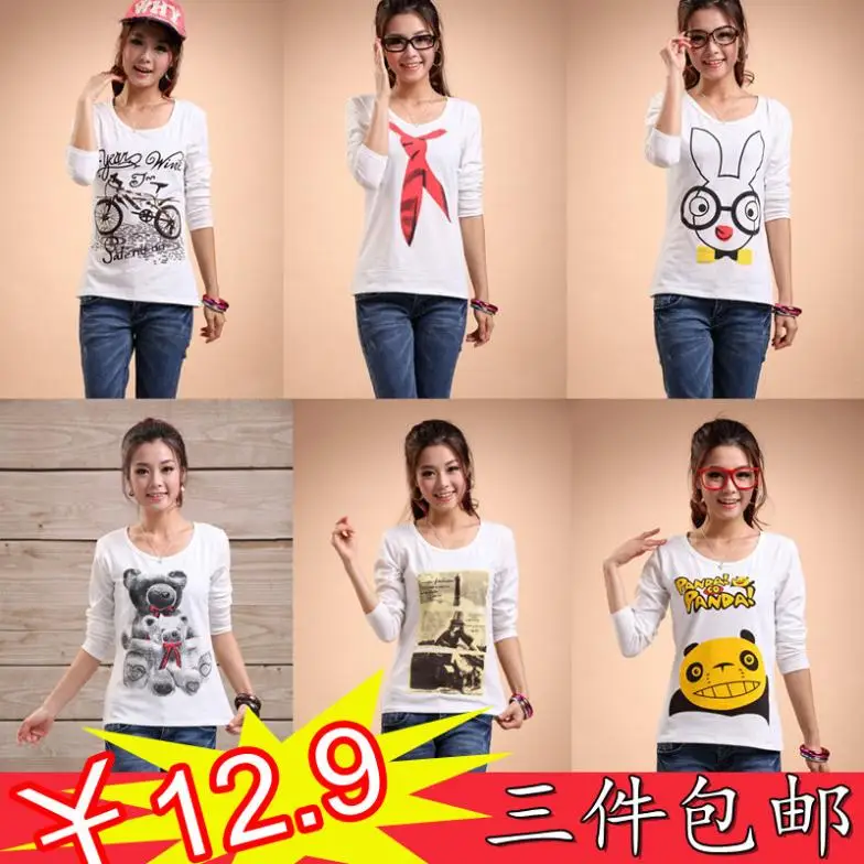 Фото 2013 Hot sellers spring and summer women's slim o-neck cotton pure white cartoon print long-sleeve T-shirt Free shipping | Женская