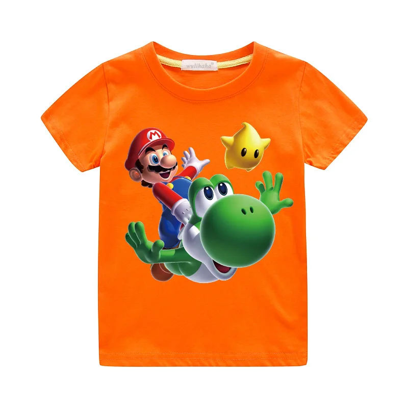 Orange T-shirts Детские футболки с короткими рукавами; летняя одежда для мальчиков и девочек; футболки с принтом Марио из мультфильма; Детские футболки из хлопка; топы; костюм; ZA034 - Цвет: Orange T-shirts