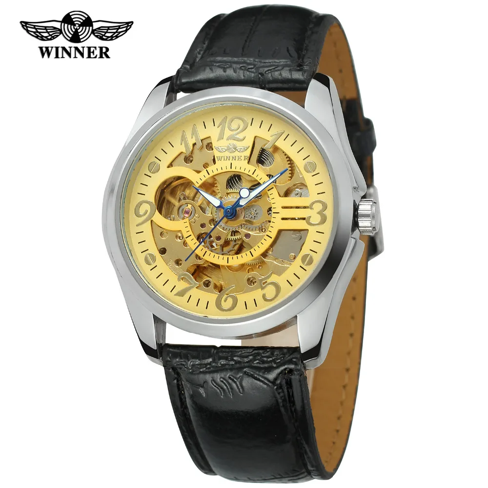 

T-Winner Stylish Men's Watch Skeleton Automatic Self-Wind Black Leather Strap Fashion Wristwatch Charming Arab Numbers WRG8114M3